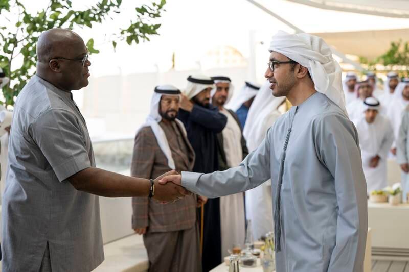 Sheikh Abdullah bin Zayed, Minister of Foreign Affairs and International Co-operation, greets Mr Tshisekedi