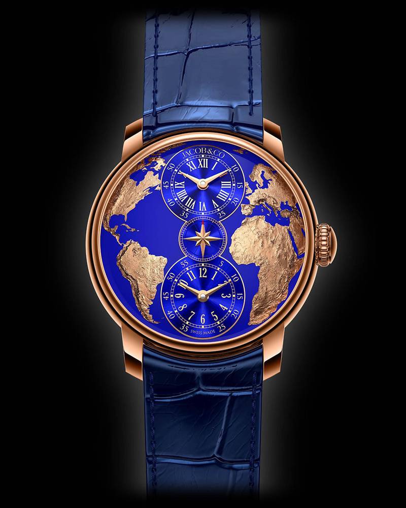 The World Is Yours watch has a domed sapphire crystal glass. Photo: Jacob & Co