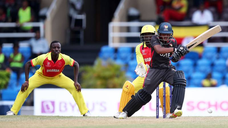 Aayan Khan against Uganda during the ICC U19 World Cup plate quarter-final in Port of Spain on January 25, 2022. Photo: ICC
