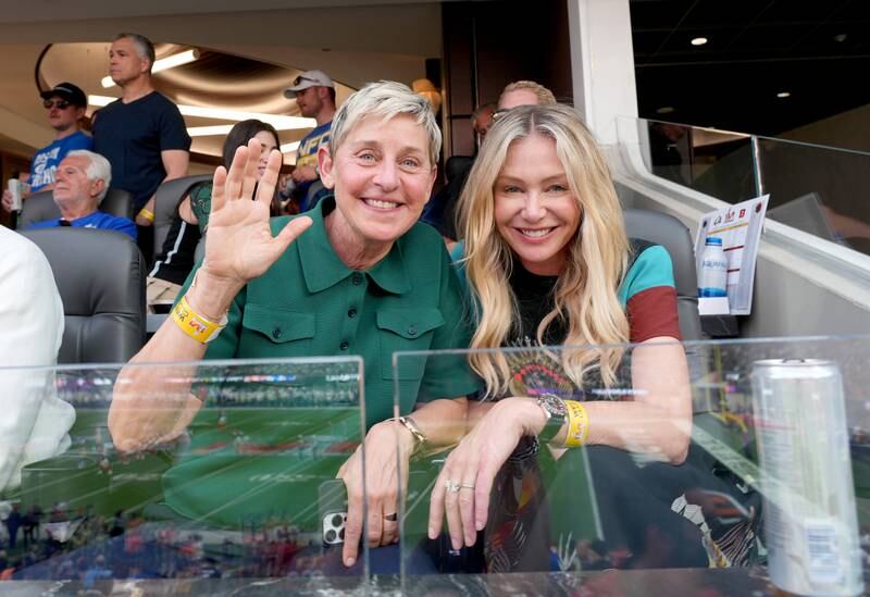 Ellen DeGeneres with wife Portia de Rossi at Super Bowl LVI. Getty Images