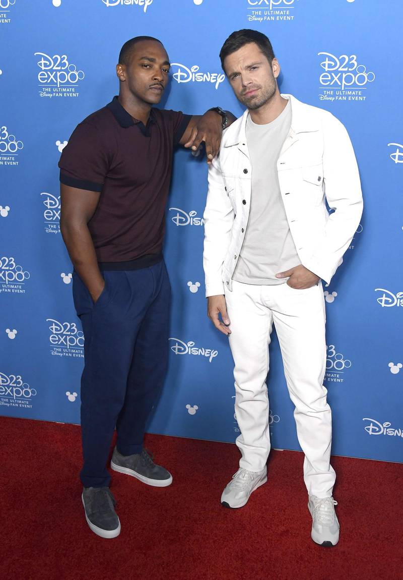 Anthony Mackie and Sebastian Stan at the D23 Expo 2019 at Anaheim Convention Centre on August 23, 2019 in California. AFP