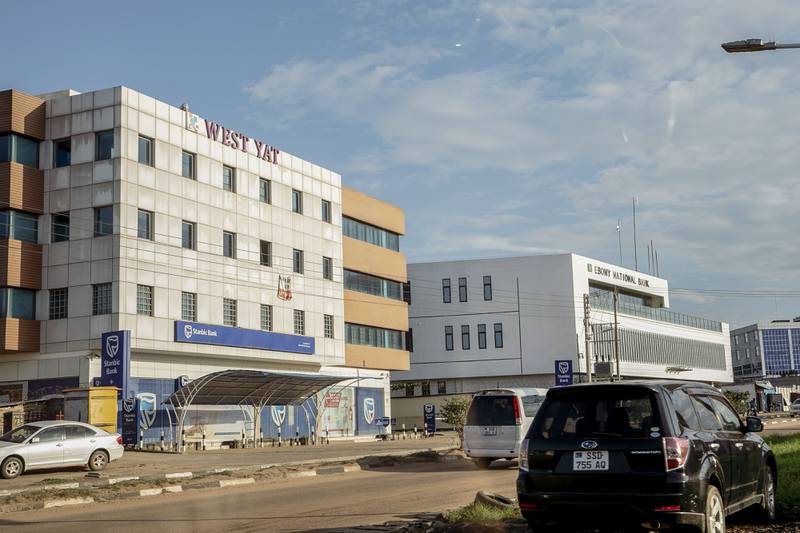 Branches of Stanbic Bank, left, and Ebony National Bank, on a street in Juba, South Sudan. South Sudan secured a $174 million loan from the International Monetary Fund in April to help finance its budget and stabilise the currency.
