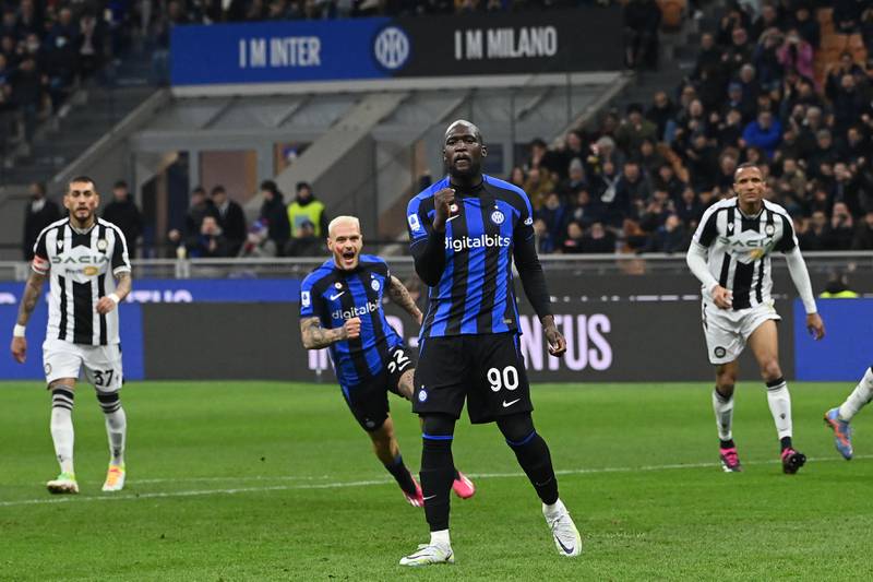 Inter Milan's Romelu Lukaku celebrates after scoring the first goal against Udinese. AFP