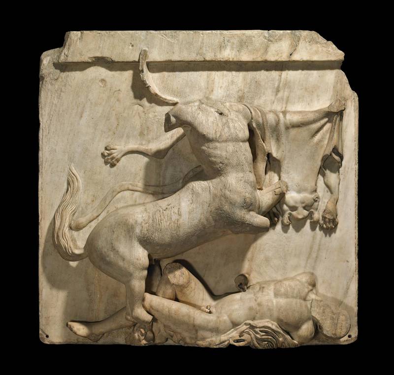 A metope sculpture from the Parthenon showing a mythical battle between a Centaur and a Lapith.
