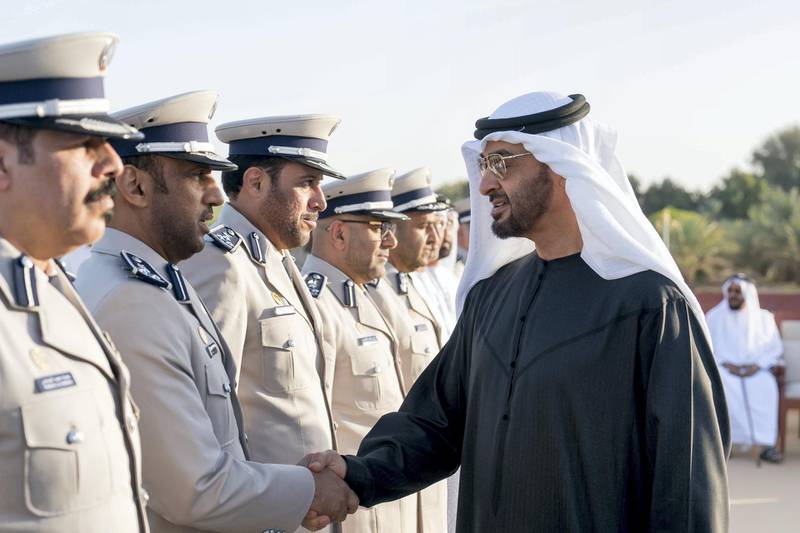 AL AIN, ABU DHABI, UNITED ARAB EMIRATES - December 04, 2017: HH Sheikh Mohamed bin Zayed Al Nahyan, Crown Prince of Abu Dhabi and Deputy Supreme Commander of the UAE Armed Forces (R), receives members of Abu Dhabi Police, during a barza, at Al Maqam Palace.


( Rashed Al Mansoori / Crown Prince Court - Abu Dhabi )
---