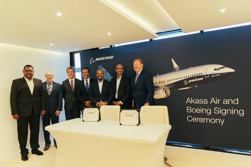 Akasa Air ordered 72 Boeing 737 Max aircraft to build its fleet, valued at nearly $9 billion at list prices, during the recent Dubai Airshow. Photo: Boeing and Akasa Air