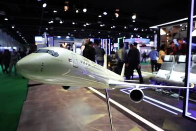 A model of the Airbus A350-1000 at the Etihad stand on the first day of Arabian Travel Market held at Dubai World Trade Centre. All photos: Pawan Singh/The National 