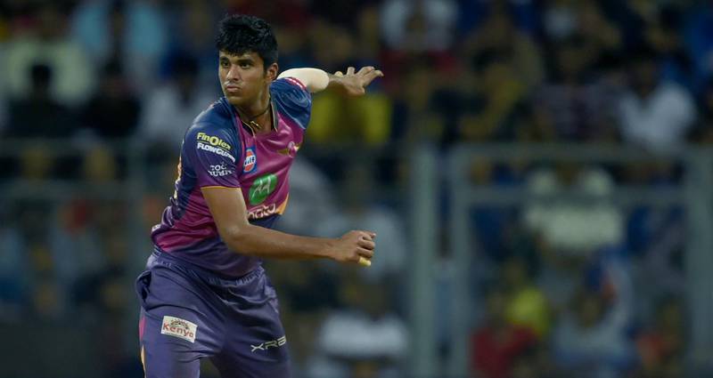 Rising Pune Supergiant cricketer Washington Sundar bowls during the first 2017 Indian Premier League (IPL) Twenty20 Qualifier 1 cricket match between Mumbai Indians and Rising Pune Supergiants at The Wankhede Stadium in Mumbai on May 16, 2017.    ------IMAGE RESTRICTED TO EDITORIAL USE - STRICTLY NO COMMERCIAL USE----- / GETTYOUT------ / AFP PHOTO / INDRANIL MUKHERJEE / ----IMAGE RESTRICTED TO EDITORIAL USE - STRICTLY NO COMMERCIAL USE----- / GETTYOUT