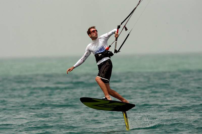 Mirfa Beach, United Arab Emirates, April 21 2012, 2012 Al Gharbia Watersports Festival- Surf Kite Rider Renaud Barbier starts up on a Hydrofoil board that is new to surf-kiting. The Hydrofoil allows the surfer a smoother ride and requires only 4-5 knot wind to bring it up to plane. Mike Young / The National