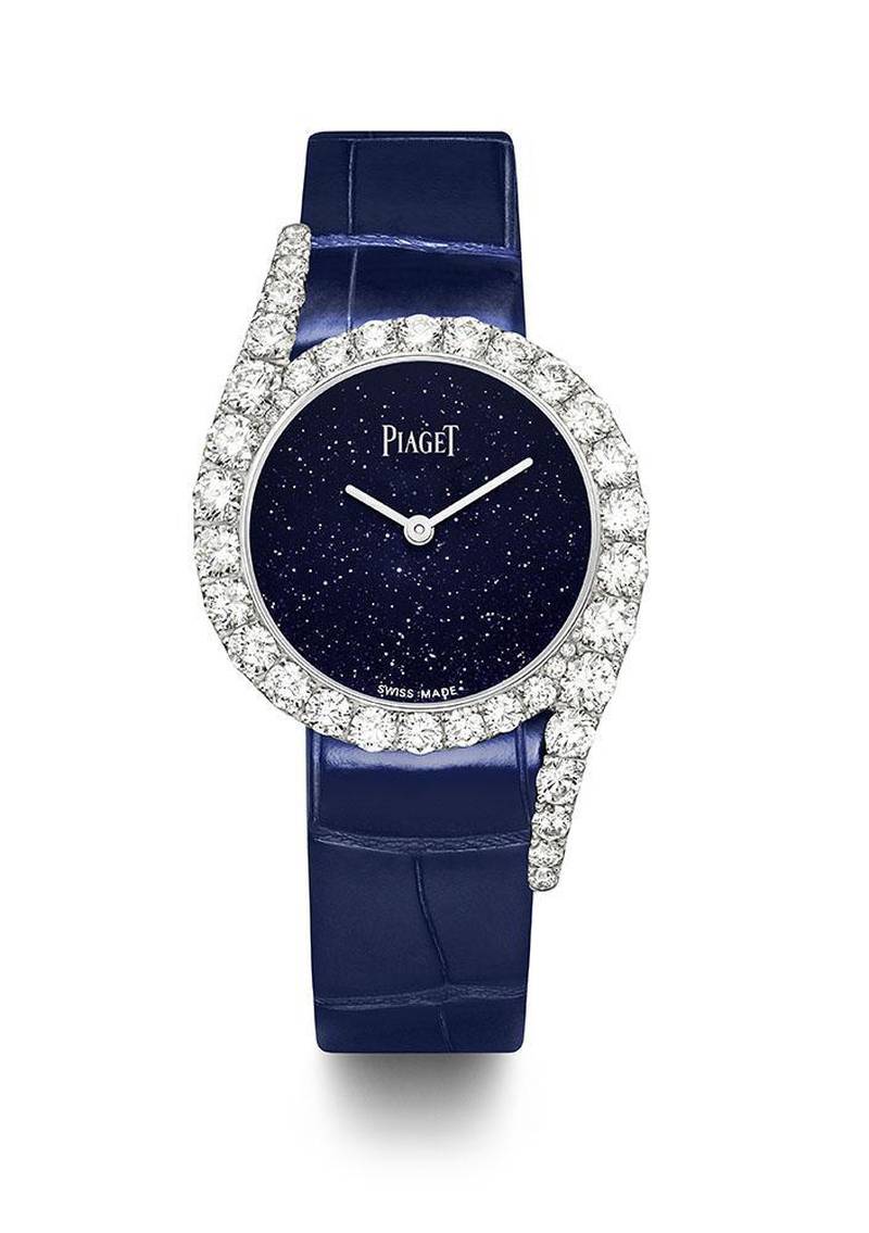Limelight Gala Precious Sapphire Gradient: For women, Piaget has launched new variations of its famed Limelight Gala, including the striking limited edition Limelight Gala Precious Sapphire Gradient, which has a dial encircled by blue gemstones of shifting hues. But it is the limited edition Limelight Gala Precious Aventurine Glass pictured here, with a dial that mimics a clear starry night sky, that that we are coveting. The bezel is set with 42 brilliant-cut diamonds, paired here here with a dark blue shiny alligator strap.
