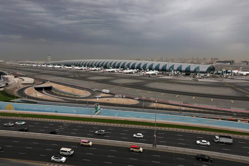 Dubai International Airport Terminal 3 as seen from the Emirates headquarters in Dubai. Pawan Singh / The National