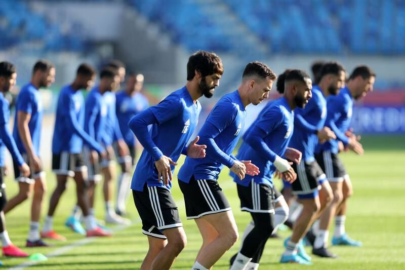 UAE players train ahead of their 2022 World Cup qualifying match against Syria at the Al Maktoum Stadium in Dubai on Wednesday, January 26, 2022. All images Chris Whiteoak / The National