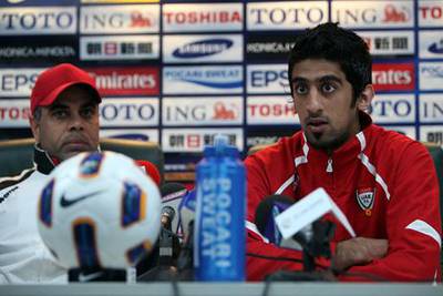 March 13, 2012 (Tashkent Uzbekistan) UAE National football coach Mahdi Ali, left, and team captain Hamdan al Kamali hold a press conference one day before the final match against Uzbekistan for a place in the Olympics in London March 13, 2012.  (Sammy Dallal / The National)