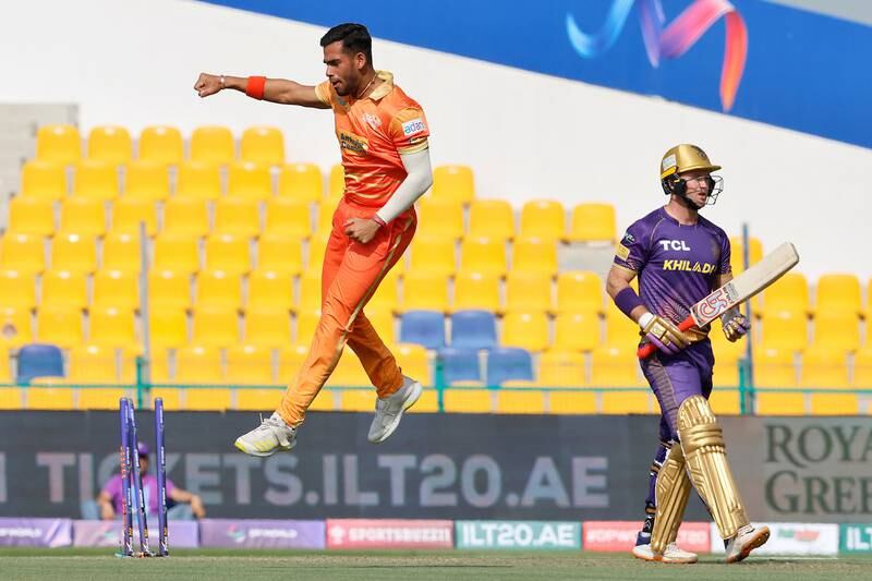 Sanchit Sharma of Gulf Giants celebrates taking the wicket of Colin Ingram in the win against Abu Dhabi Knight Riders at the International League T20 at Zayed Cricket Stadium, Abu Dhabi on January 15, 2023. All pictures ILT20