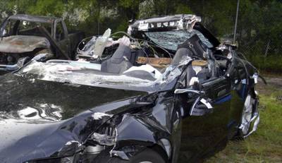 The Tesla Model S that was being driven by Joshua Brown, who was killed when it crashed into a lorry while in self-driving mode on May 7. Courtesy : NTSB