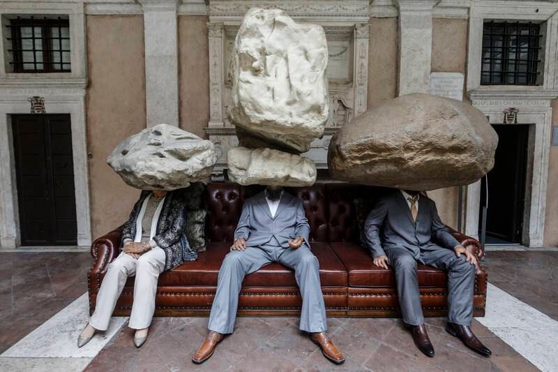 A work by Chinese artists Sun Yang and Peng Yu, titled 'Teenager Teenager', at an art exhibition in Rome, Italy.  The show curated by Danilo Eccher began on Saturday and will run up to March 8, 2023. EPA