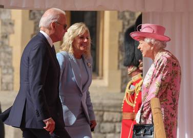 WINDSOR, ENGLAND - JUNE 13: US President Joe Biden, First Lady Jill Biden and Queen Elizabeth II at Windsor Castle on June 13, 2021 in Windsor, England. Queen Elizabeth II hosts US President, Joe Biden and First Lady Dr Jill Biden at Windsor Castle. The President arrived from Cornwall where he attended the G7 Leader's Summit and will travel on to Brussels for a meeting of NATO Allies and later in the week he will meet President of Russia, Vladimir Putin. (Photo by Chris Jackson/Getty Images)
