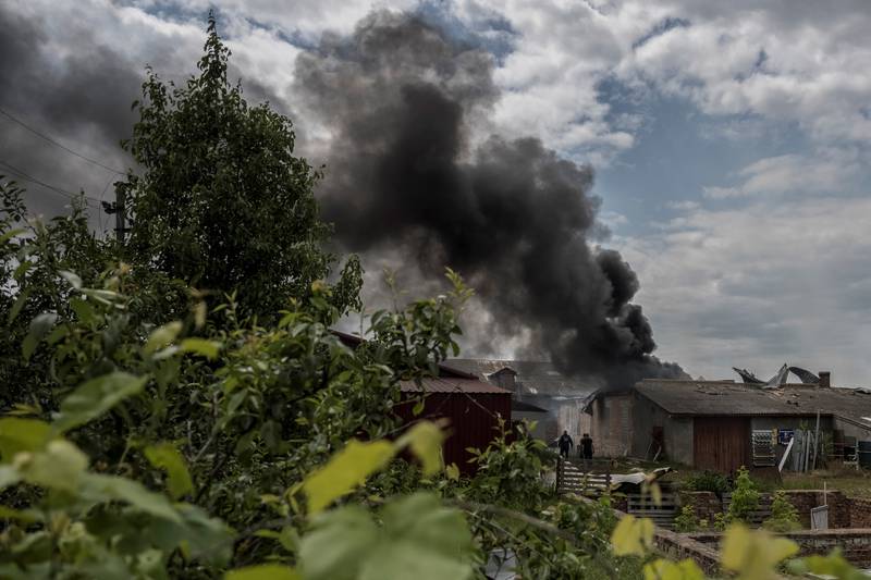 Smoke rises after shelling near Vovchansk in Kharkiv region on Monday.  Reuers
