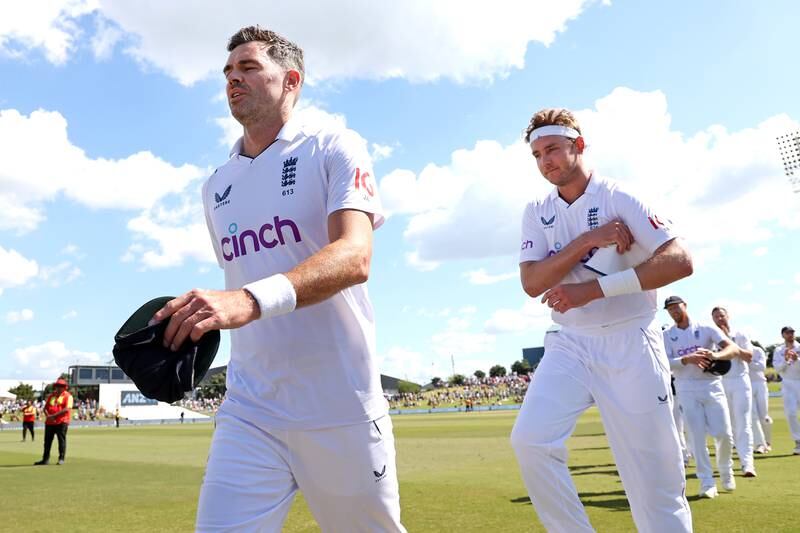 James Anderson, left, and Stuart Broad of England leave the field after wrapping up victory over New Zealand in the opening session of the fourth day of the first Test at Bay Oval on February 19, 2023 in Mount Maunganui, New Zealand. Getty Images