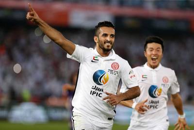 Al Jazira striker Ali Mabkhout shown celebrating a goal in the President's Cup triumph final back in May. Pawan Singh / The National