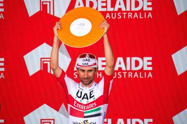 Diego Ulissi of UAE Team Emirates celebrates his second place at the Tour Down Under in January 2020. Getty