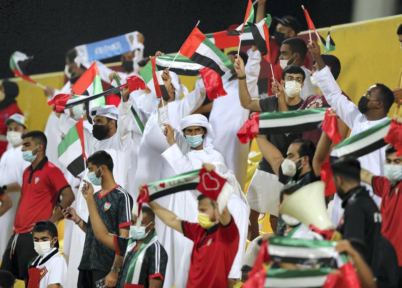 UAE fans before the game between the UAE and Indonesia in the World cup qualifiers at the Zabeel Stadium, Dubai on June 11th, 2021. Chris Whiteoak / The National. 
Reporter: John McAuley for Sport