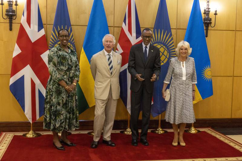 Prince Charles and Camilla meet Paul Kagame, President of Rwanda and his wife Jeannette Kagame, in Kigali. Getty Images