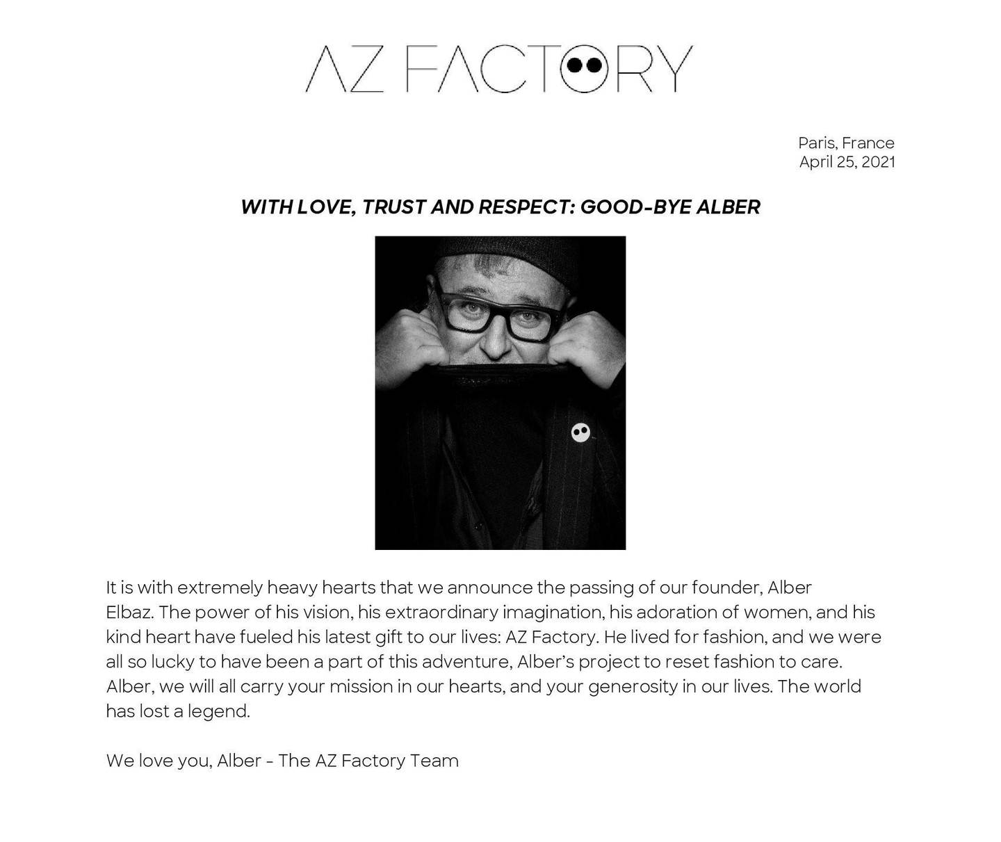 The announcement of Alber Elbaz's death, released by his company AZ Factory. Courtesy AZ Factory