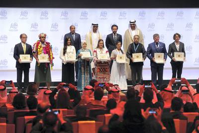 Abu Dhabi, United Arab Emirates - January 15th, 2018: Sheikh Mohammed bin Zayed Al Nahyan with the winners at the Sheikh Zayed Future Energy Prize awards ceremony as part of Abu Dhabi Sustainability Week. Monday, January 15th, 2018 at Abu Dhabi National Exhibition Centre (ADNEC), Abu Dhabi. Chris Whiteoak / The National
