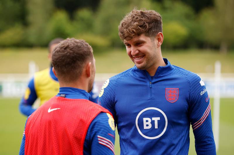 John Stones and Kieran Trippier during training at St George's Park ahead of England's Euro 2020 last 16 clash with Germany on Tuesday. Reuters