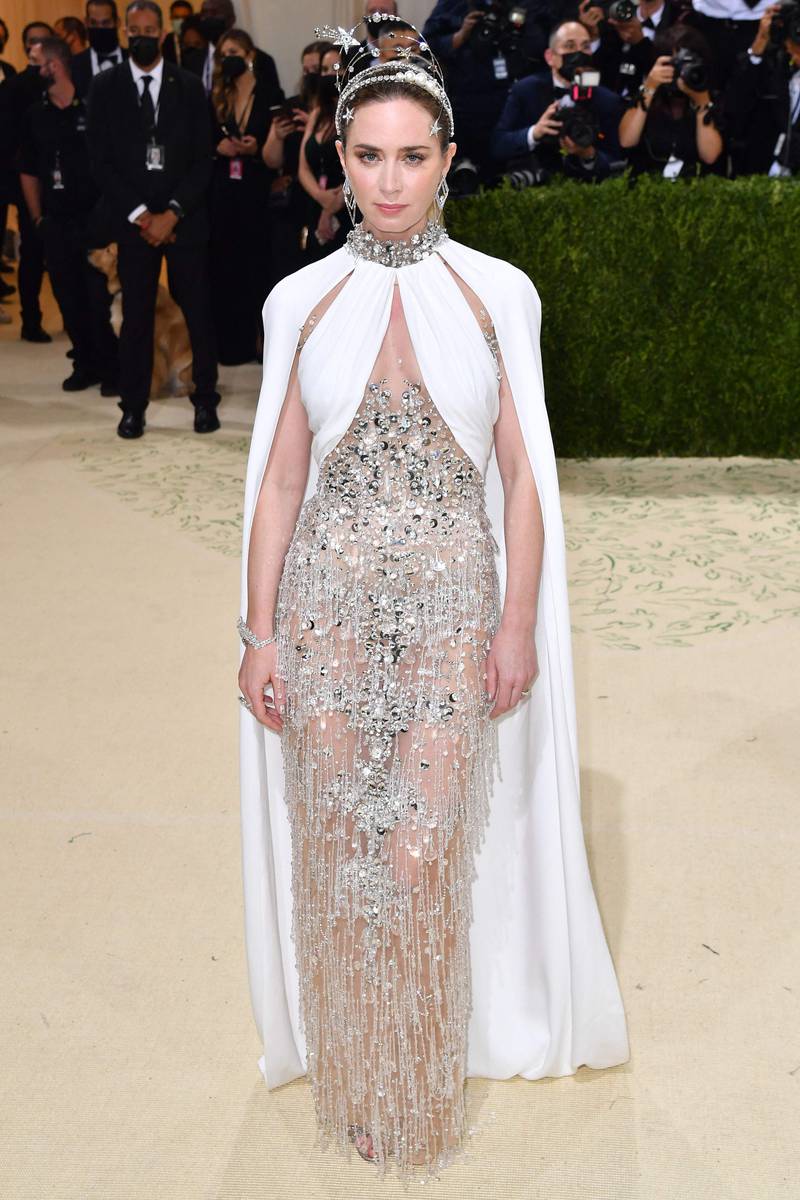 Emily Blunt in a white Miu Miu gown at the 2021 Met Gala. AFP