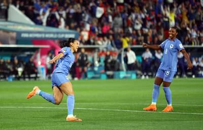 France's Kenza Dali celebrates scoring their second goal with Grace Geyoro. Reuters
