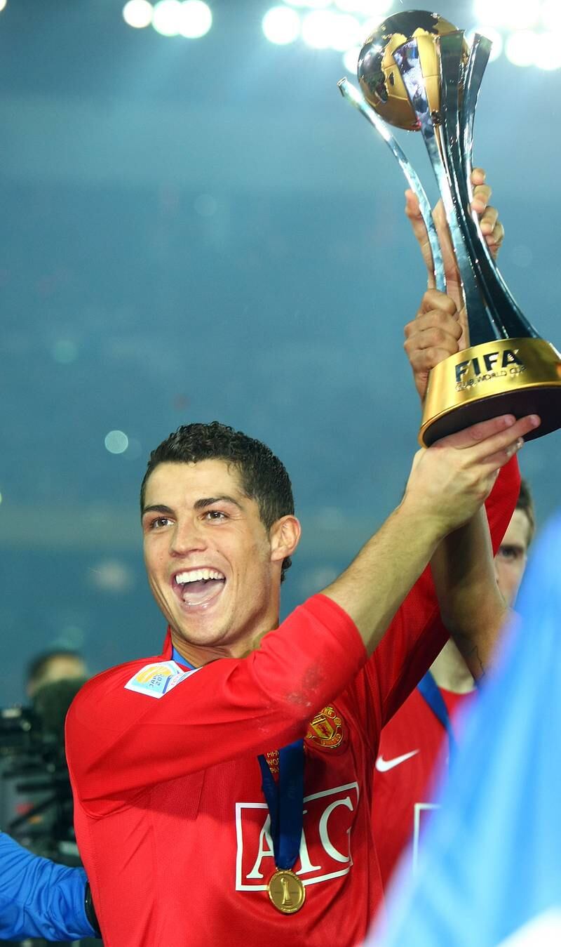 Cristiano Ronaldo lifts the FIFA Club World Cup in 2008 after Manchester United defeated Liga De Quito of Ecuador 1-0. Getty Images