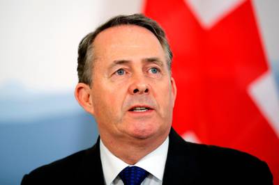 Britain's International Trade Secretary Liam Fox gives a press conference in Bern on February 11, 2019, after signing an agreement with Switzerland to preserve trade relations between the two countries even if London opts to leave the European Union without a deal with Brussels.  / AFP / Stefan WERMUTH
