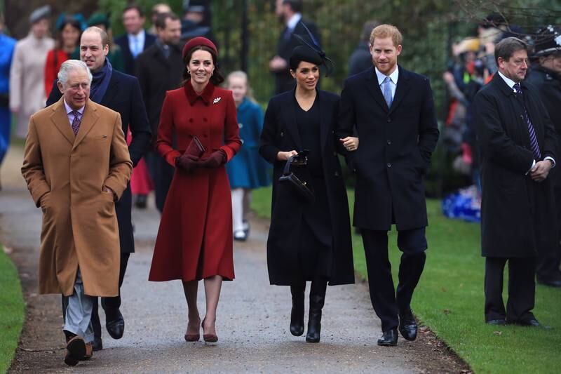 Prince Charles, William, Catherine, Duchess of Cambridge, Meghan, Duchess of Sussex and Prince Harry arrive to attend a Christmas Day church service on the Sandringham estate in December 2018.