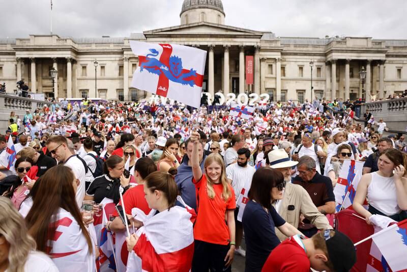 England fans await the start of the event in Trafalgar Square. EPA