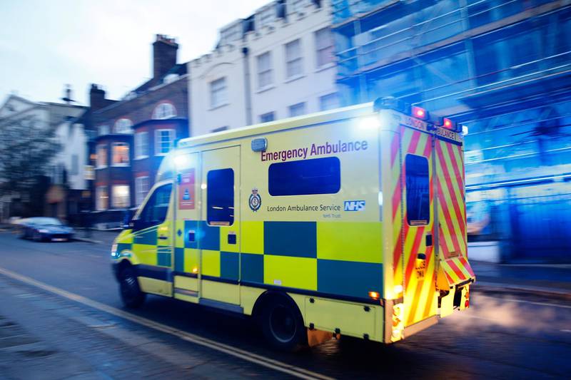 LONDON, ENGLAND - JANUARY 03: An ambulance leaves the emergency department at the Royal Free Hospital in the Brough of Camden on January 3, 2021 in London, England. The UKhas recorded more than 50,000 new cases of Covid-19 for sixth day in a row. (Photo by Hollie Adams/Getty Images)