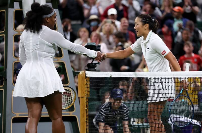 Harmony Tan of France, right, shakes hands with Serena Williams at the end of the match. Getty Images