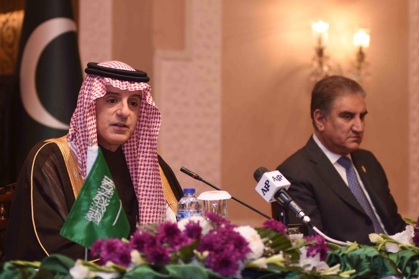 epa07378828 A handout photo made available by Press Information Department shows Saudi Minister of State for Foreign Affairs Adel Al-Jubeir (L) and Pakistani Minister of Foreign Affairs
Shah Mehmood Qureshi during a meeting in Islamabad, Pakistan, 18 February 2019. Pakistan on 18 February conferred its highest civilian award, Nishan-e-Pakistan, to the crown prince of Saudi Arabia where he announced multi-billion-dollar investments to help the kingdom's traditional ally tide over financial crisis amid declining foreign exchange reserves.  EPA/PRESS INFORMATION DEPARTMENT HANDOUT  HANDOUT EDITORIAL USE ONLY/NO SALES