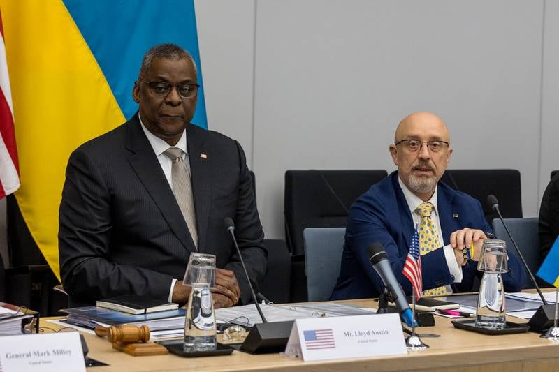 US Defence Secretary Lloyd Austin, left, addresses the Ukraine defence contact group meeting at Nato headquarters in Brussels, Belgium, on October 12. Getty Images