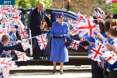 2011: The queen and Prince Philip arrive to open the Sainsbury Laboratory for Plant Sciences at the University of Cambridge Botanic Garden.