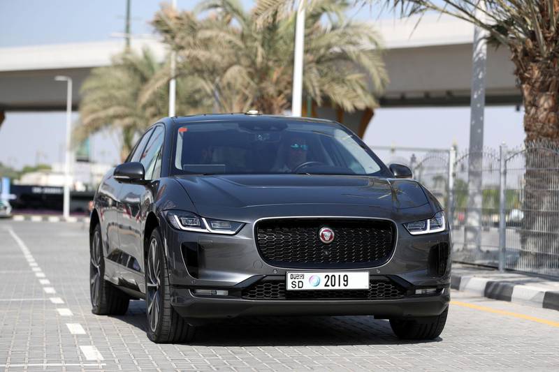 Dubai, United Arab Emirates - October 15, 2019: A Jaguar I Pace autonomous vehicle takes people on a drive to show driverless cars at work at the Dubai World Congress for Self-Driving Transport. Tuesday the 15th of October 2019. World Trade centre, Dubai. Chris Whiteoak / The National