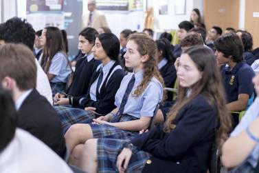 Cranleigh Abu Dhabi pupils listen to a debate on Brexit. Reem Mohammed / The National