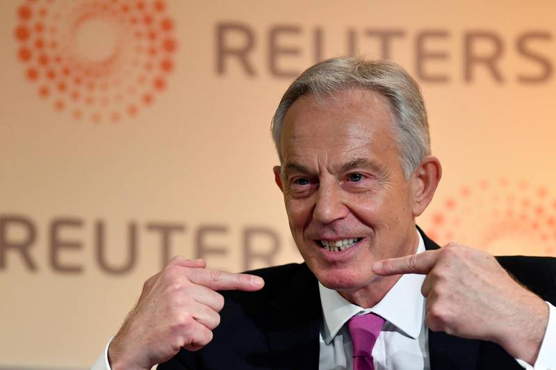 FILE PHOTO: Former British Prime Minister Tony Blair speaks during an interview with Axel Threlfall at a Reuters Newsmaker event on "The challenging state of British politics" in London, Britain, November 25, 2019. REUTERS/Toby Melville/File Photo