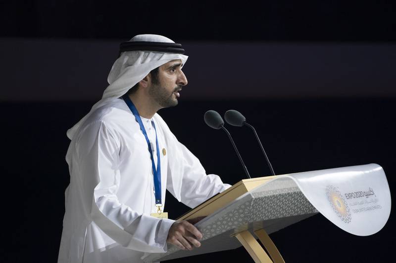 Sheikh Hamdan bin Mohammed, Crown Prince of Dubai, greets guests at Al Wasl Plaza.