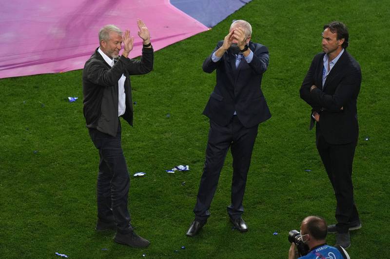 Chelsea owner Roman Abramovich celebrates on the pitch after the Uefa Champions League final. PA