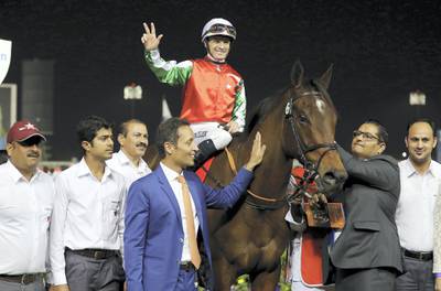 DUBAI , UNITED ARAB EMIRATES , MARCH 10  – 2017 :- North America ( GB) ridden by  Richard Mullen ( no 6   ) won the 6th horse race 2000m dirt held at Meydan Racecourse in Dubai. ( Pawan Singh / The National ) For Sports. Story by Amith