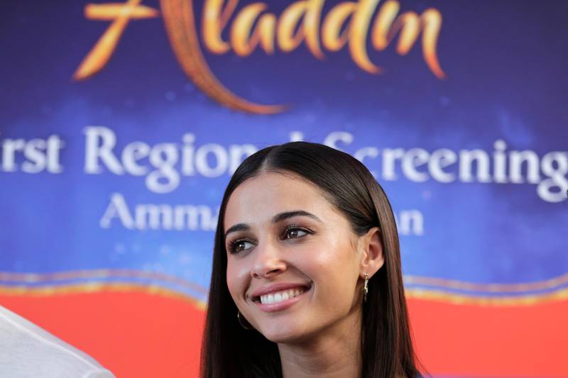 British actress Naomi Scott smiles as she arrives to address a joint press conference at the Jordanian Royal Film Commission, in Amman, on May 13. EPA