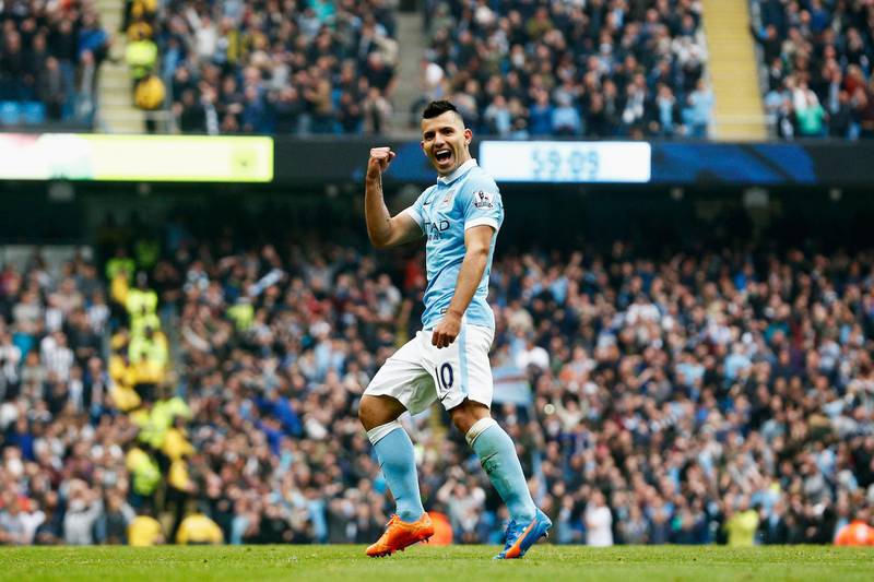MANCHESTER, ENGLAND - OCTOBER 03:  Sergio Aguero of Manchester City celebrates scoring his fourth goal during the Barclays Premier League match between Manchester City and Newcastle United at Etihad Stadium on October 3, 2015 in Manchester, United Kingdom.  (Photo by Dean Mouhtaropoulos/Getty Images)