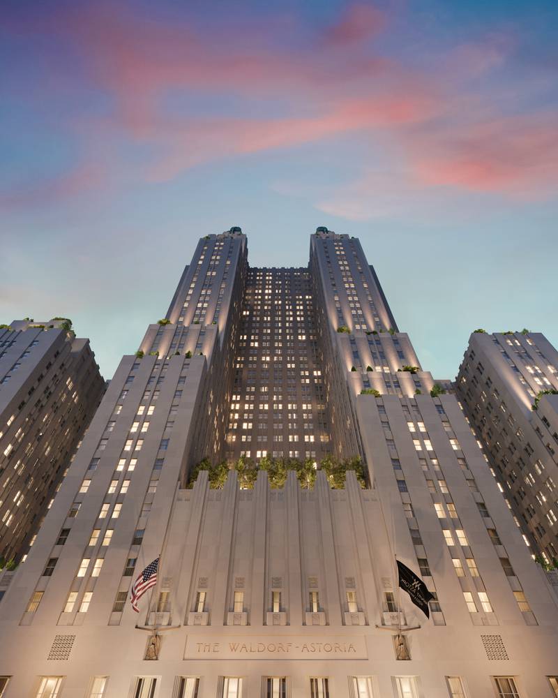 The exterior of The Towers at the Waldorf Astoria.
